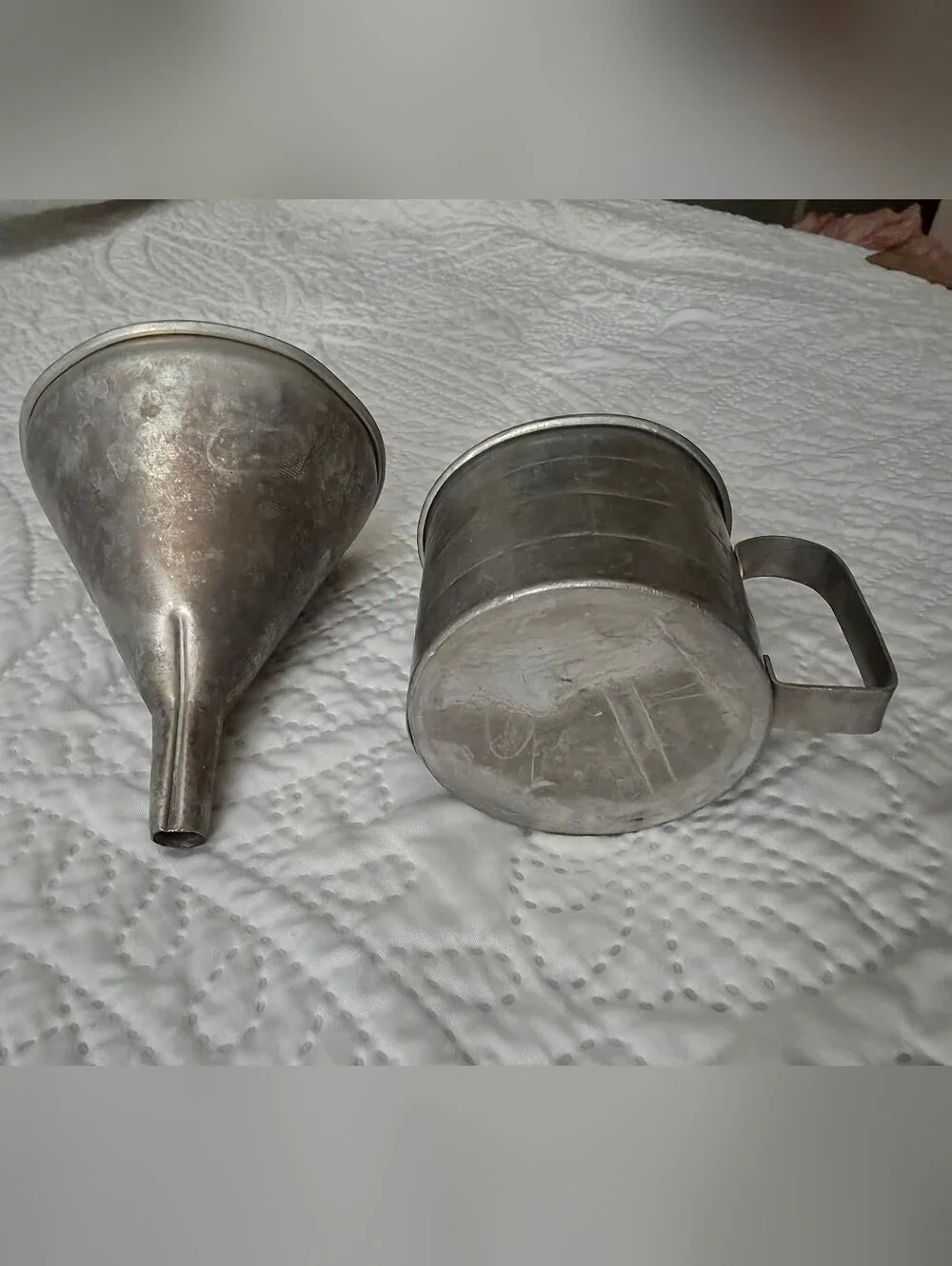 Vintage 1950s Aluminum Tin Funnel, Measuring Cup & Salt & Pepper Shakers